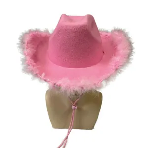 Roze westerse cowboyhoed met witte veren en verstelbare kinband voor feest verkleedpartij