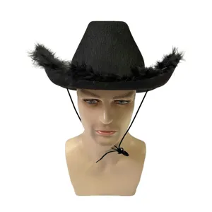 Zwarte cowboyhoed met veren rand festival stage verkleedhoed voor heren en dames