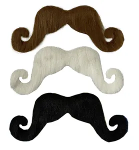 Detail view of novelty fake mustache props in three colors, perfect for holiday dress up.