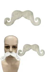 Close-up detail of white fluffy fake mustache, novelty costume accessory for funny party events.