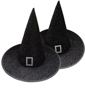 Chapeau de sorcière noir pailleté avec boucle en strass, idéal pour les fêtes d'Halloween.
