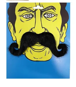 Black handlebar fake mustache detail, funny novelty party beard on cartoon display card.