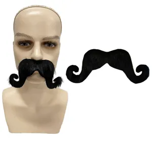 Black curly fake mustache prop detail shot, perfect for Halloween costume and party dress-up.