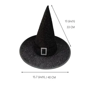 Vue détaillée du chapeau de sorcière d'Halloween noir scintillant avec boucle et dimensions.