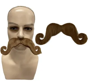 Close-up detail showing the curly brown fake mustache and mannequin display for costume parties.