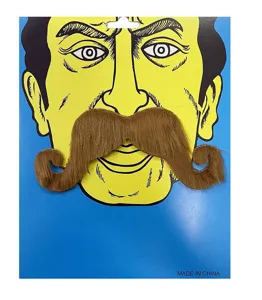 Detailed close-up of a novelty brown curly fake mustache on a colorful party card packaging.