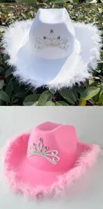 Feest cowboyhoed met strass kroon en pluche veren voor dames kostuum verkleedkleding