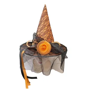 Halloween orange Spitzen Hexenhut Detail, Netzschleier Blumen Party COS Kostüm Kopfbedeckung