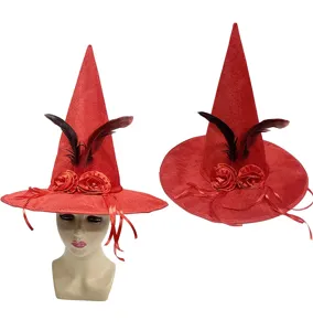 Sombrero de bruja de Halloween rojo con plumas negras y rosas, tocado de fiesta perfecto.