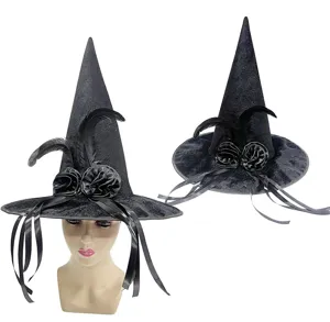 Sombrero de bruja de Halloween negro con pluma, rosas de tela y cintas para fiesta de disfraces