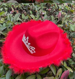 Rode veren cowboyhoed met strass kroon detail, perfect voor feestjes en festival wear.