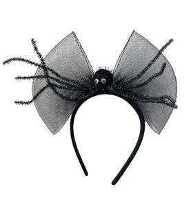 Diadema de araña de Halloween de malla negra con patas peludas para fiesta de disfraces.