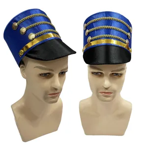 Vista detallada sombrero de banda azul, trenza dorada y botones, accesorio de disfraz perfecto.