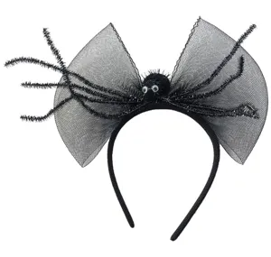 Diadema de arana para fiesta de Halloween con lazo de malla negra y accesorio de peluche.