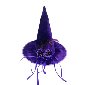 Sombrero de bruja de Halloween de terciopelo morado con rosas plumas y cintas para fiesta