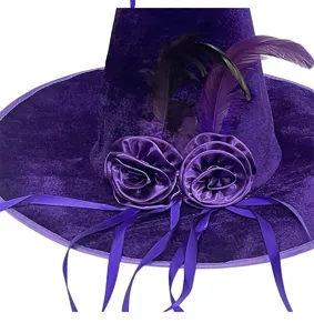 Sombrero de bruja de terciopelo morado con rosas plumas para fiesta de Halloween cosplay