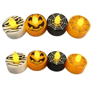 Halloween LED tea light candles, spooky pumpkin and spider web spooky party decor set of 8.