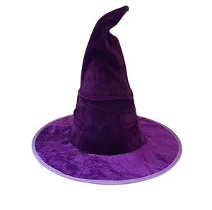 Chapeau de sorcière en velours violet pour costume d'Halloween, accessoire de cosplay classique.