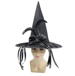 Sombrero de bruja negro de Halloween con plumas flores de tela y cintas para fiesta de disfraces