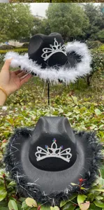 Feest strass kroon western cowboy hoed met veren rand brede rand cowgirl hoed voor vrouwen