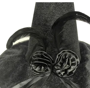 Sombrero de bruja de Halloween negro con plumas y rosas de tela para fiesta cosplay.