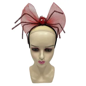 Diadema de araña para fiesta de Halloween con lazo de malla roja, accesorio de pelo de terror.