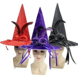 Sombrero de Bruja de Halloween Terciopelo Sombrero de Mago Con Decoración de Flores de Satén Pluma Cinta Para Fiesta Cosplay Mujer