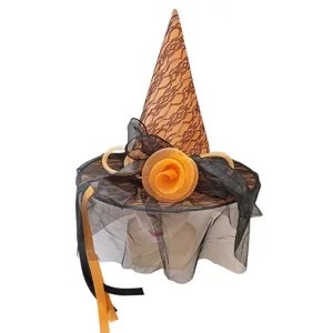 Halloween Party Hexenhut orange Spitze Netz Blumen schwarzer Schleier Cosplay Kostüm Zubehör