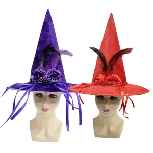 Sombrero de bruja de Halloween de terciopelo sombrero de mago fiesta disfraz plumas rosas.