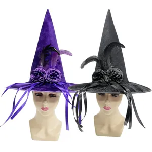 Sombrero de bruja de Halloween de terciopelo accesorio de fiesta con plumas y cintas morado negro