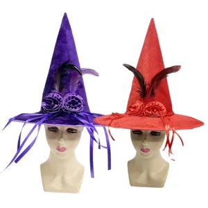 Sombrero de bruja de Halloween felpa sombrero de fiesta disfraz con flor roja morada