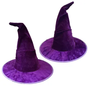 Chapeau de sorciere en velours violet pour costume d'Halloween, accessoires de fete de cosplay.
