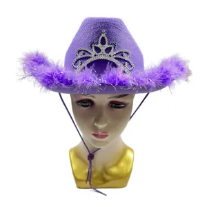 Paarse strass tiara westerse cowboyhoed met veren voor feest vakantie festival kleding