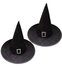 Chapeau de sorcière noir pailleté avec une boucle en strass pour la fête d'Halloween.