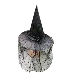 Dettagli del cappello da strega di Halloween nero con velo in pizzo e rose piume.