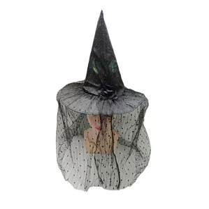 Cappello da strega di Halloween nero con velo e rosa, primo piano dettagliato per cosplay.