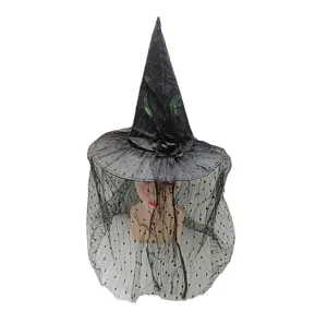 Cappello da strega nero di Halloween in rete con piume, rosa e velo per festa cosplay.