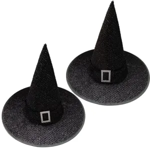 Chapeau de sorciere noir paillete avec boucle strass pour fete d'Halloween et costume.