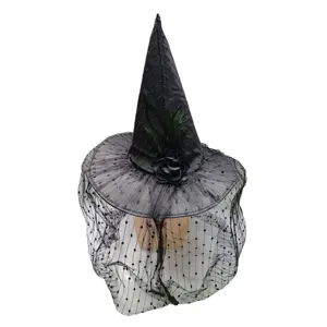 Cappello da Strega in Pizzo di Halloween Con Velo a Rete Rosa Piuma Cappello da Mago Sexy per Donna Accessori per Costumi da Festa