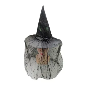 Halloween pizzo rete cappello strega costume festa piuma nera velo floreale nero