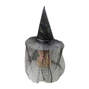 Halloween cappello da strega nero con velo pizzo piuma rosa decorazione festa cosplay