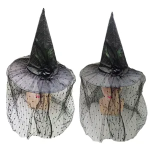 Cappello da strega nero di Halloween con velo a rete a pois e piuma di rosa copricapo da festa