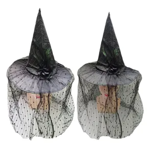 Cappello da strega nero di Halloween con velo a rete piuma e decorazione di rosa