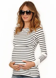 Black and white striped long sleeve maternity top for pregnant women comfortable daily wear