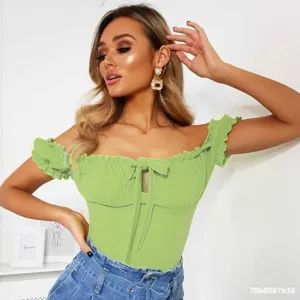 Green off-the-shoulder short sleeve bodysuit with cute ruffles and front tie detail.