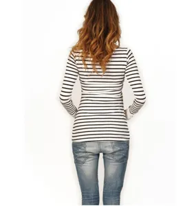 Striped maternity long sleeve nursing top back view detail showing comfortable fit.