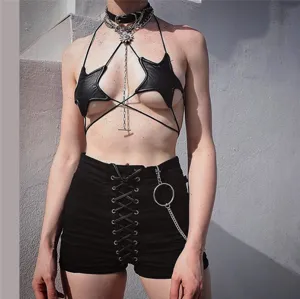 Sexy black pentagram strappy bra and lace-up shorts set, edgy punk clubwear lingerie style.