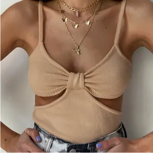 Women Casual Polyester Blend Ribbed Knit Camisole Solid Color Sexy Cutout Backless Slim Fit Basic Summer Tank Top