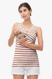 Detailed view of striped sleeveless nursing tank top showing convenient breastfeeding access.