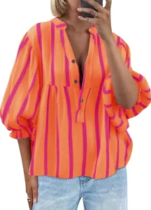Women's orange pink striped button down blouse casual loose bubble sleeve V-neck top shirt